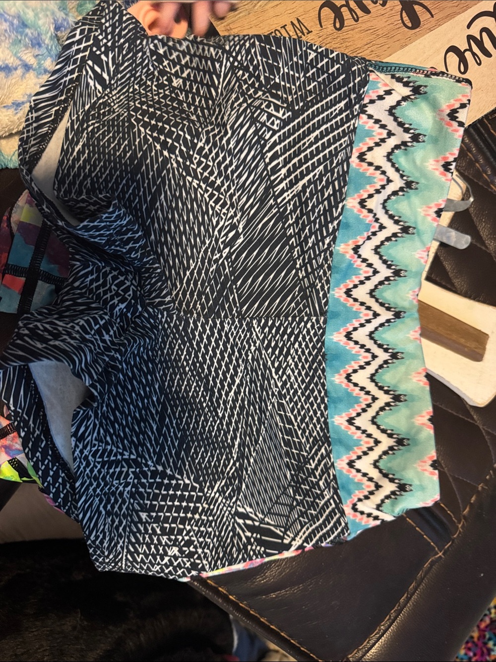 Balance Collection Black Geometric Athletic Shorts with Teal Zigzag Trim